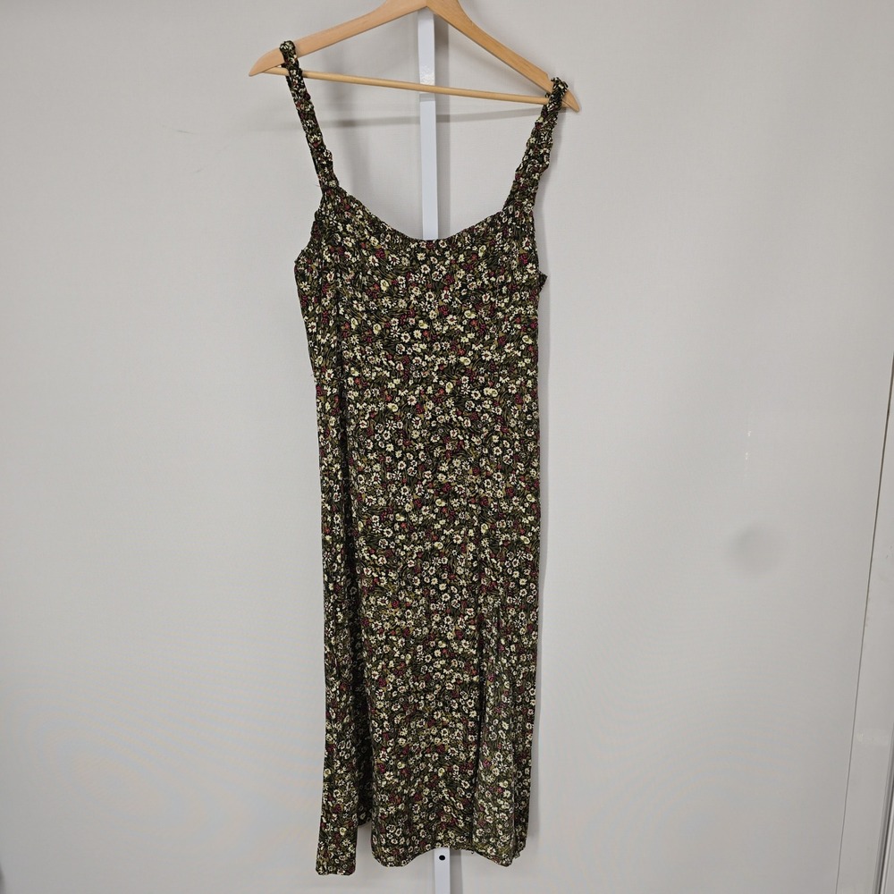 Zara Womens‎ Floral Midi Dress Green Pink White Ruched Straps Side Slit Size L